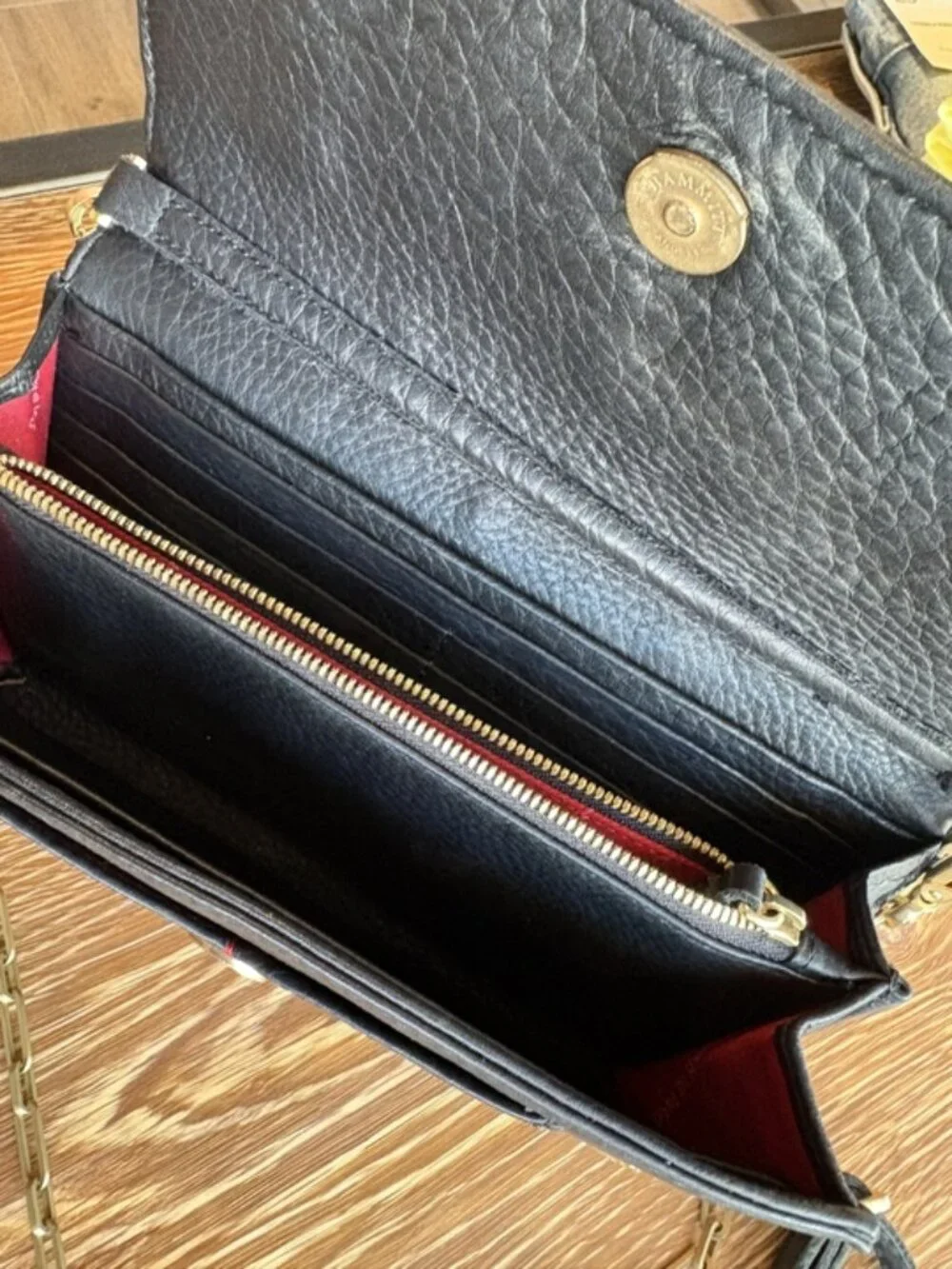 Hammitt AJ Crossbody Clutch Black Brushed Gold Red Zipper